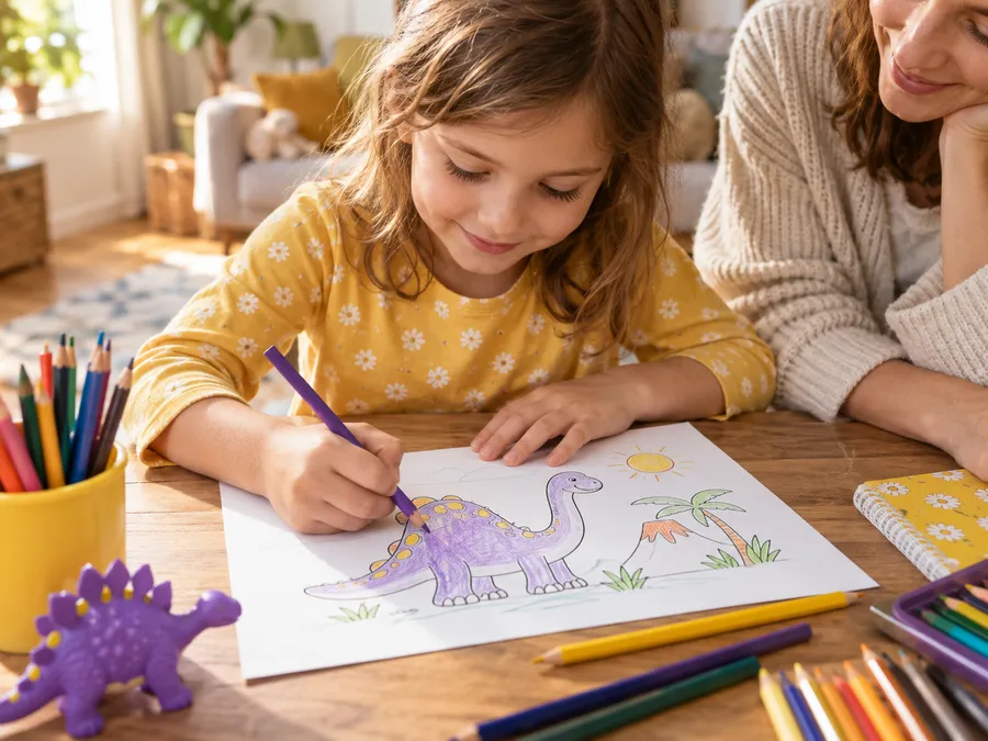Cena ilustrativa de uma criança colorindo um dinossauro à mesa, ao lado de um adulto